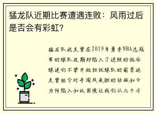猛龙队近期比赛遭遇连败:风雨过后是否会有彩虹?
