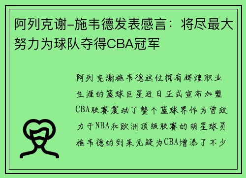 阿列克谢-施韦德发表感言：将尽最大努力为球队夺得CBA冠军